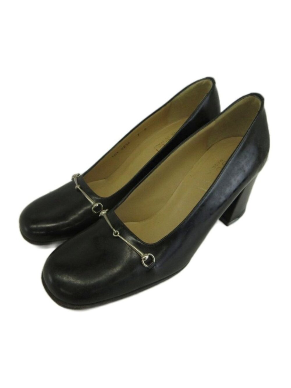Gucci Pumps Leather Square Toe Chunky Heel Horsebit Silver Black 7